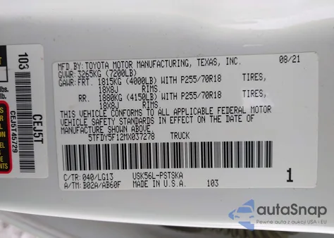 2021 Toyota Tundra Sr5 из США, поврежденный, VIN 5TFDY5F12MX037278